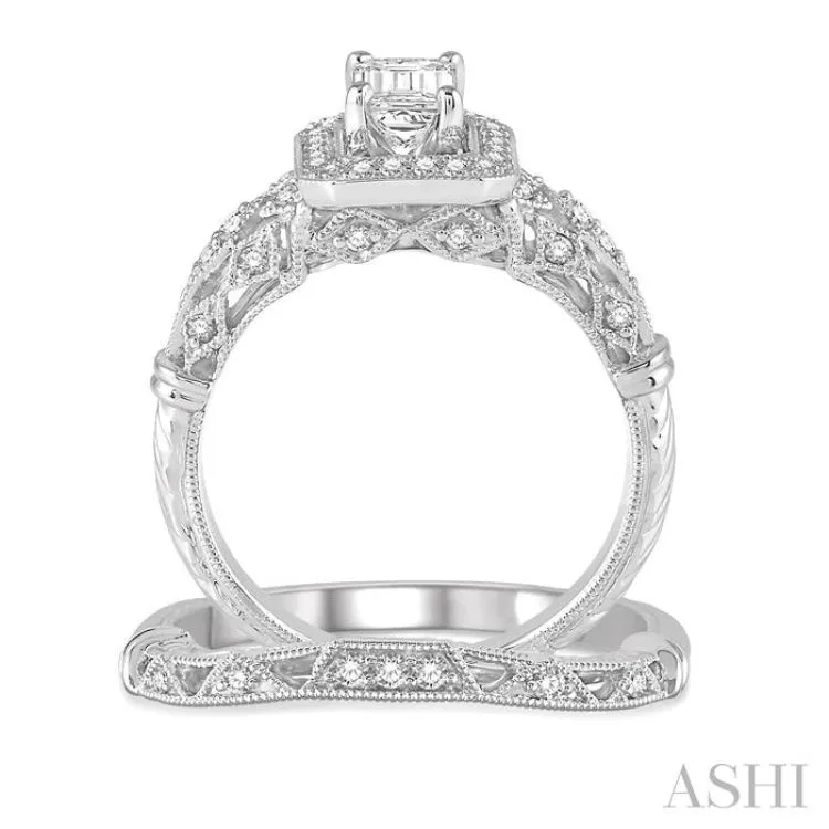 1 1/10 ctw Diamond Wedding Set with 1 Ctw Octagon Cut Engagement Ring and 1/20 Ctw Wedding Band in 14K White Gold