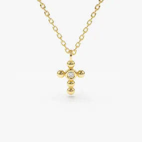 14K Gold Tiny Ball Diamond Cross Necklace