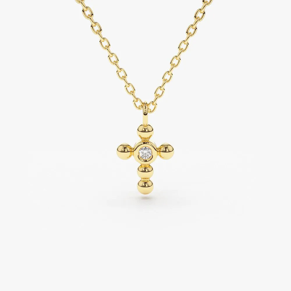 14K Gold Tiny Ball Diamond Cross Necklace