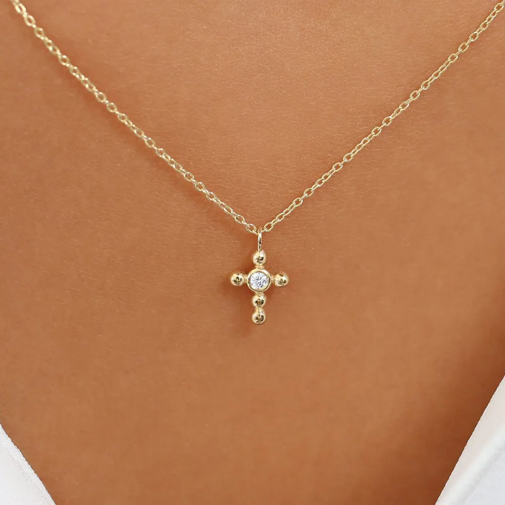 14K Gold Tiny Ball Diamond Cross Necklace