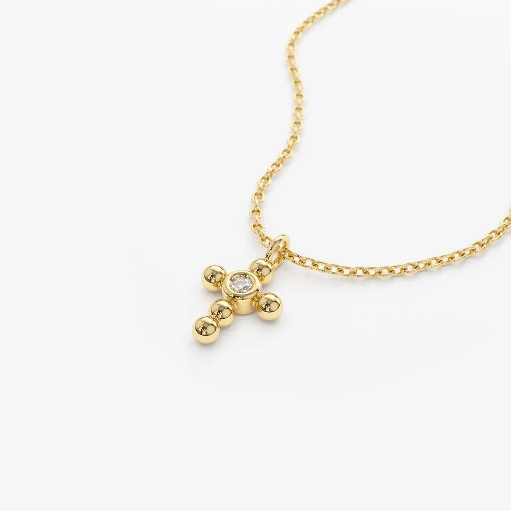 14K Gold Tiny Ball Diamond Cross Necklace