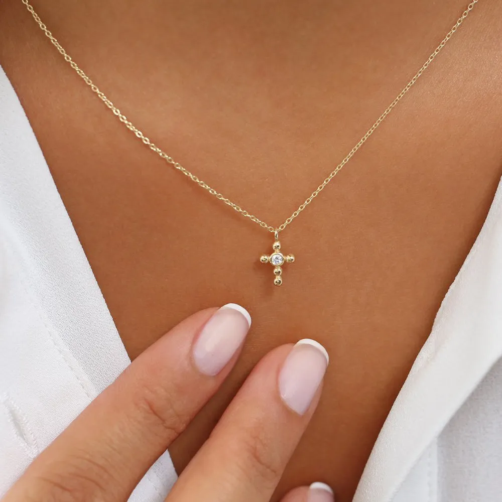 14K Gold Tiny Ball Diamond Cross Necklace