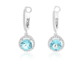 14K White Gold Blue Topaz and Diamond Dangle Earrings