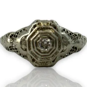 Antique Art Deco 1920-30s Solid 18kt White Gold Filigree and Transitional Cut Diamond Ring Size 7