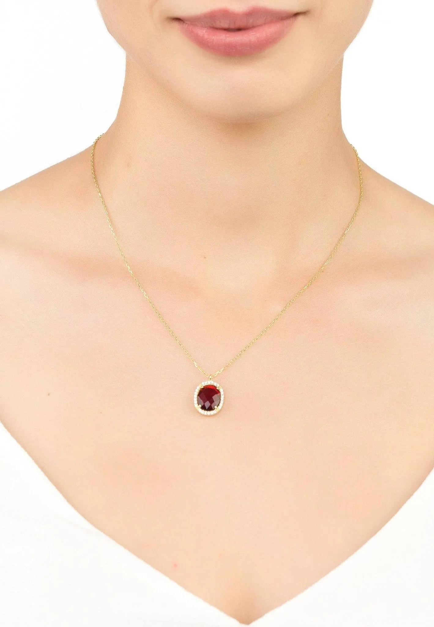 Beatrice Oval Gemstone Pendant Necklace Gold Garnet