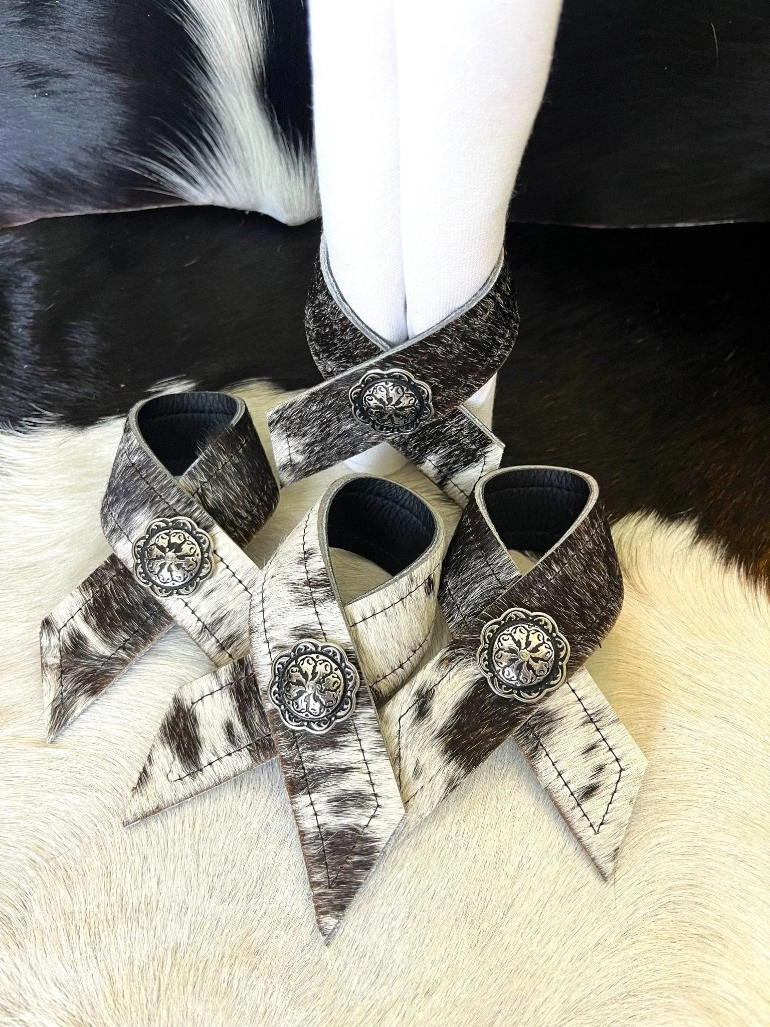 Black White Cowhide & Concho Napkin Rings