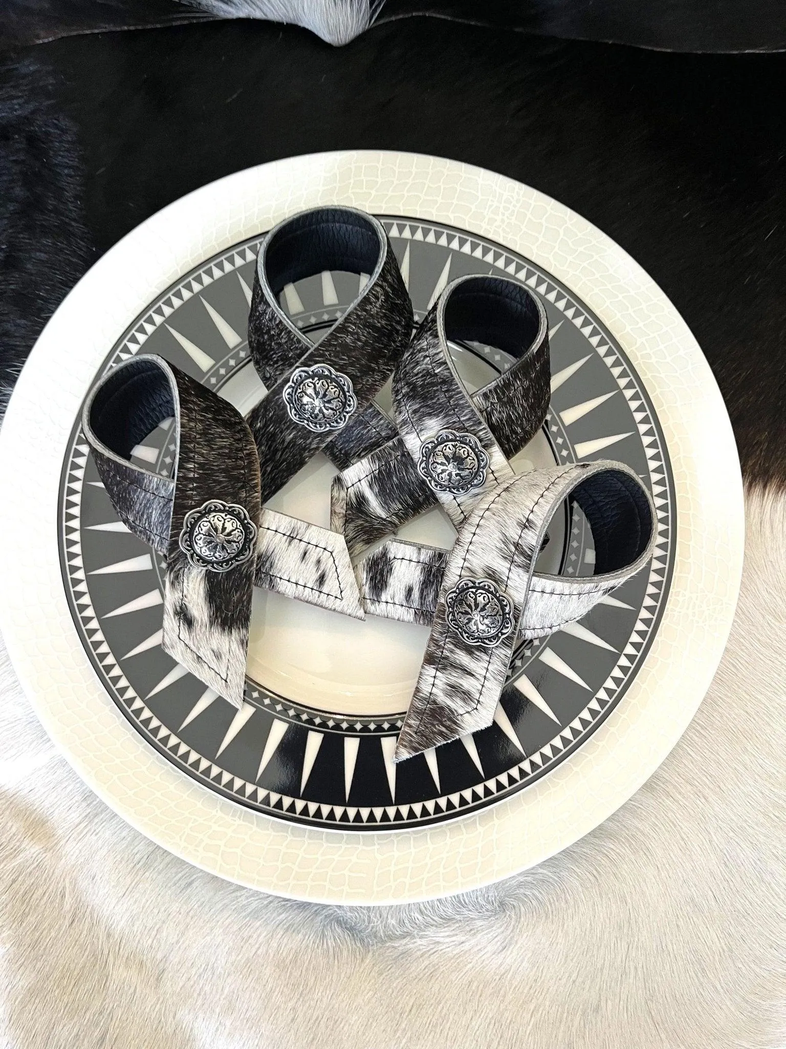 Black White Cowhide & Concho Napkin Rings