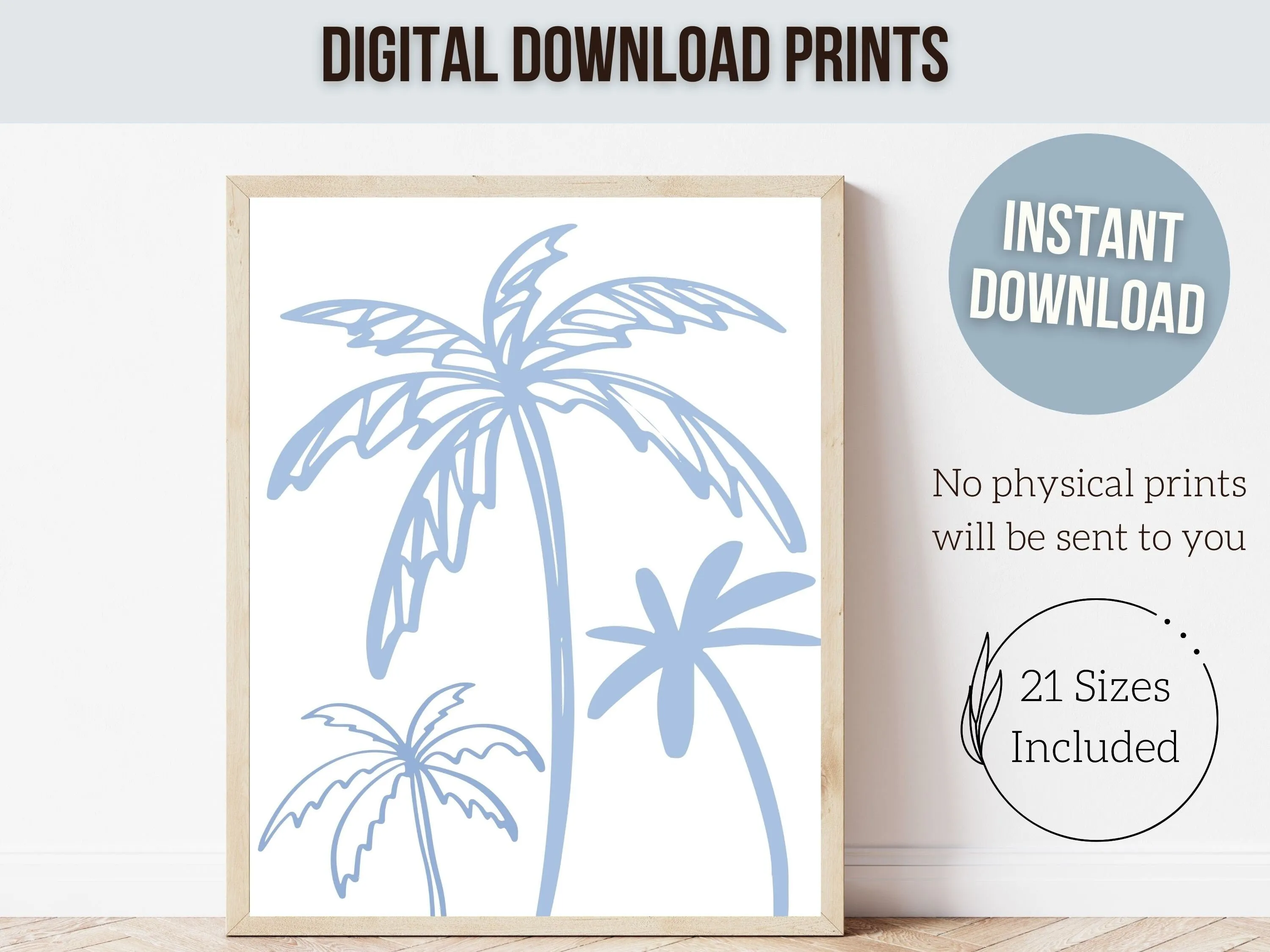 Blue Palm Tree Prints - Set of 3