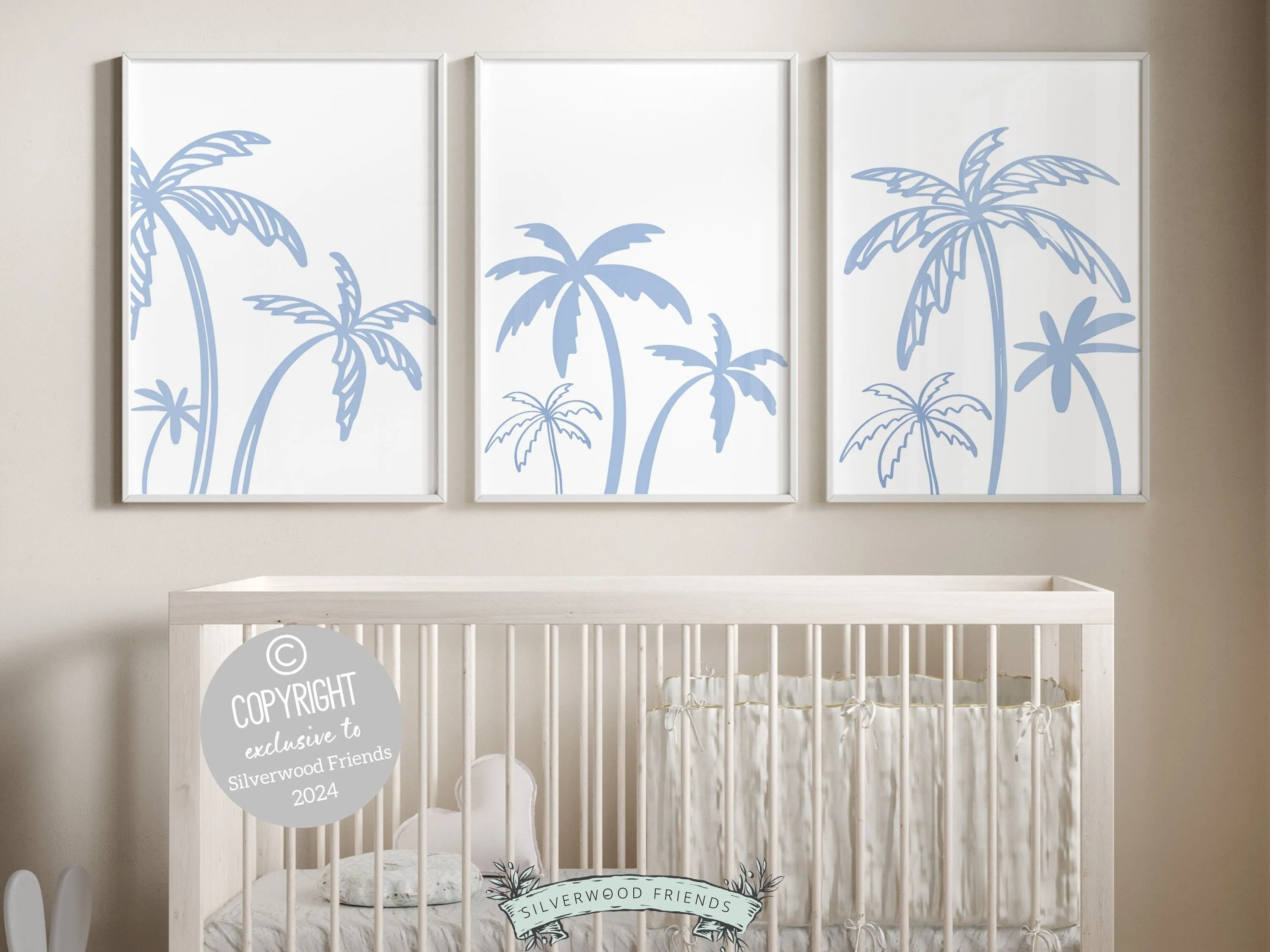 Blue Palm Tree Prints - Set of 3