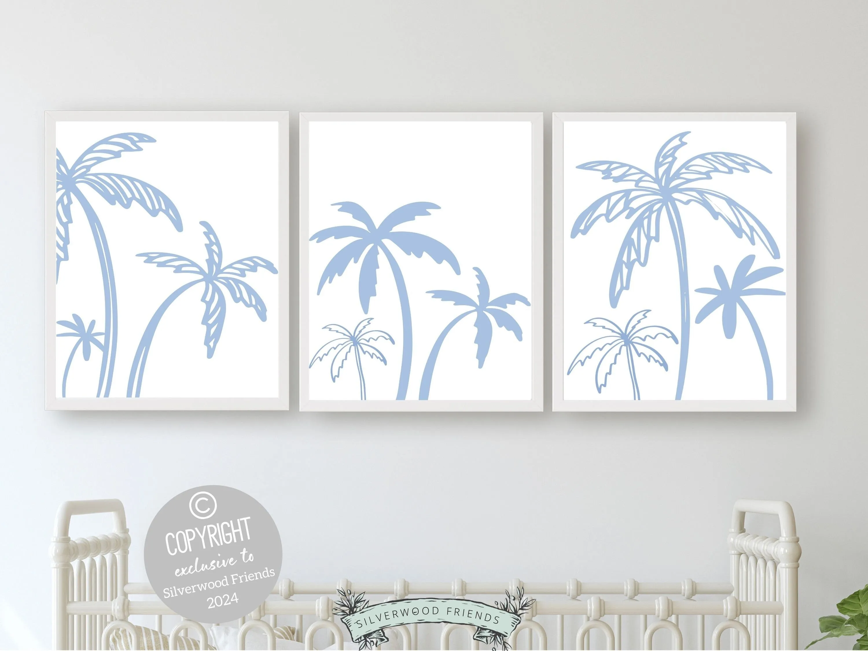 Blue Palm Tree Prints - Set of 3