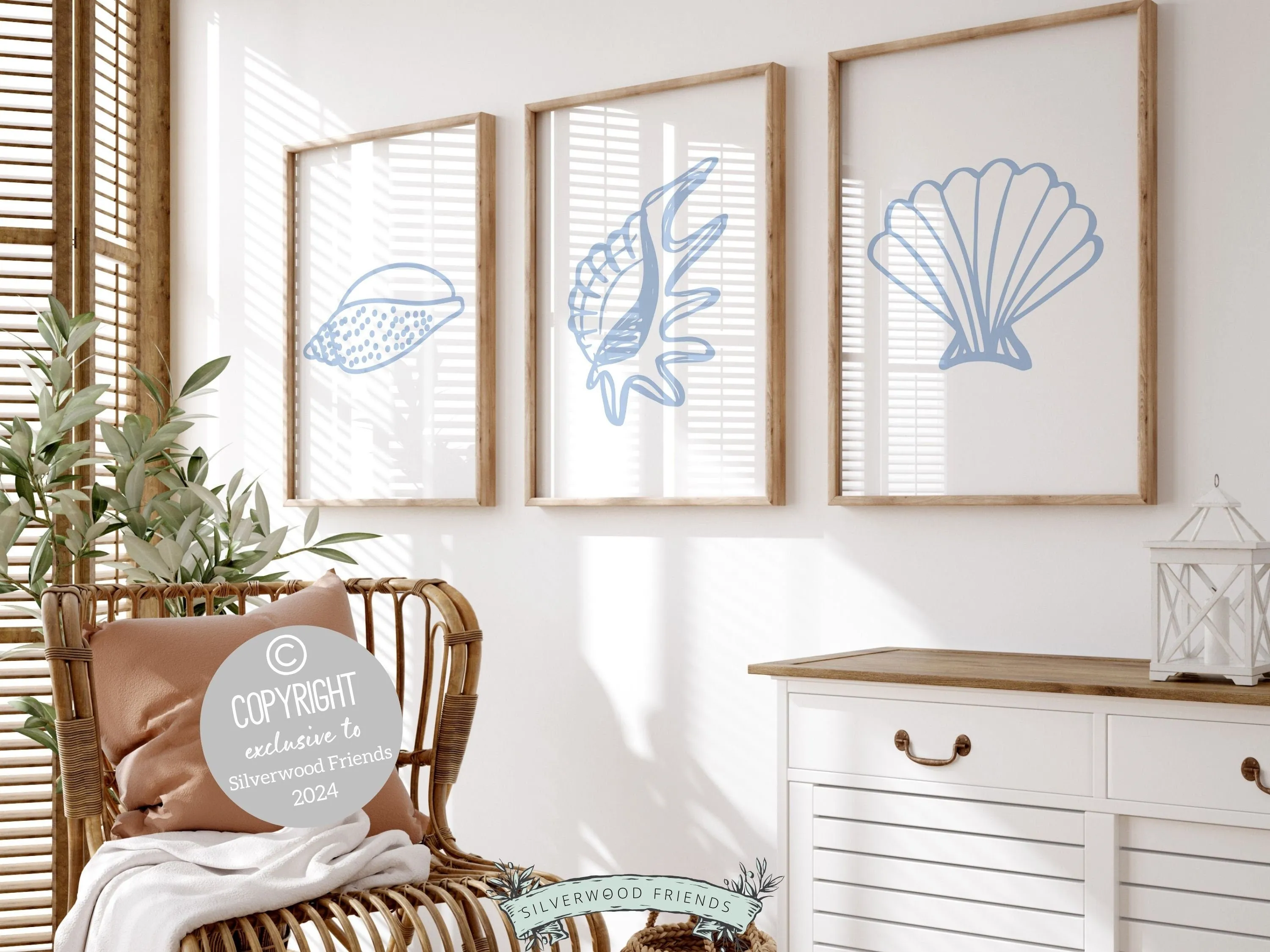 Blue Seashell Prints - Set of 3