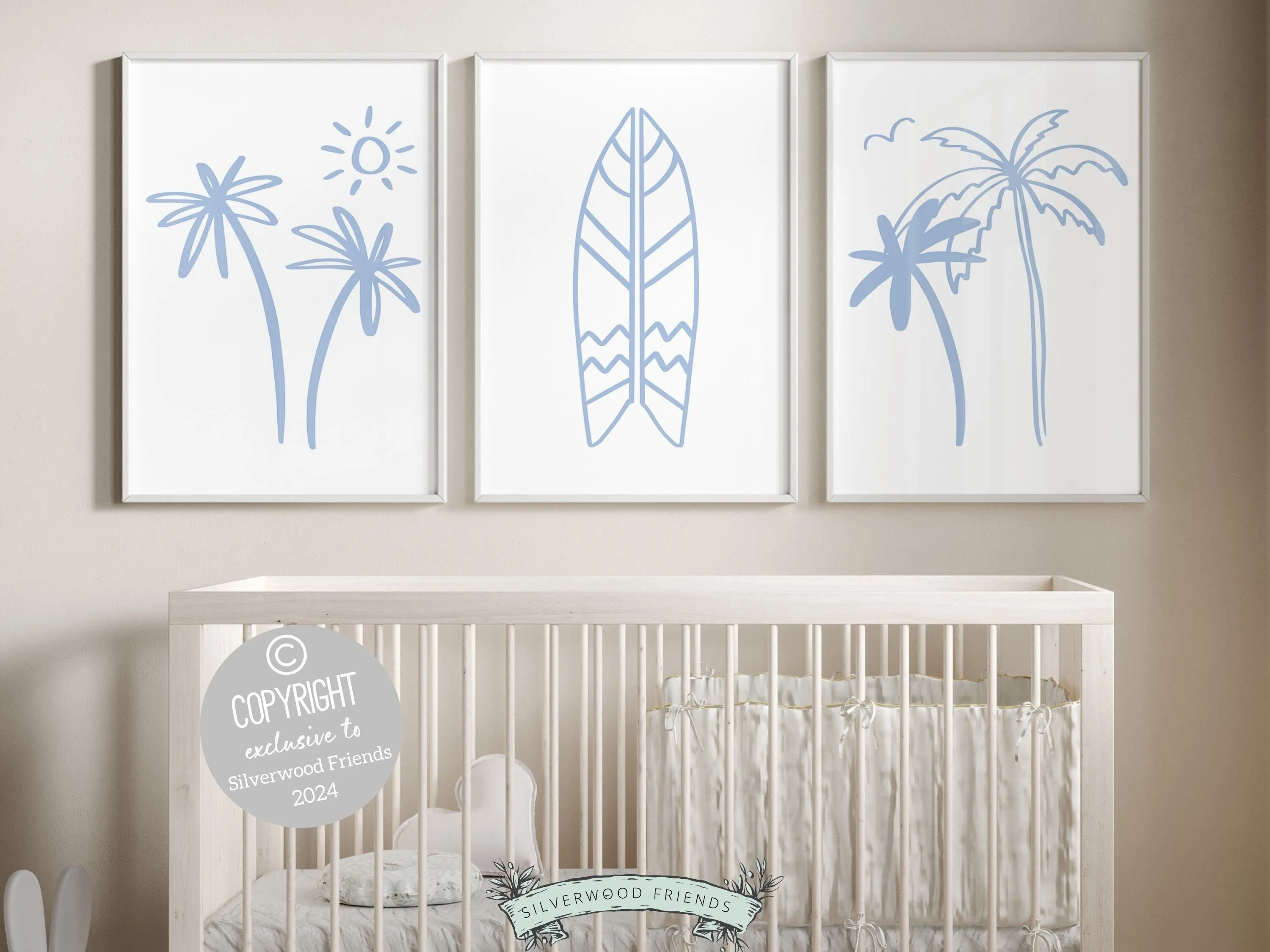 Blue Surfboard Palm Tree Print - Set of 3