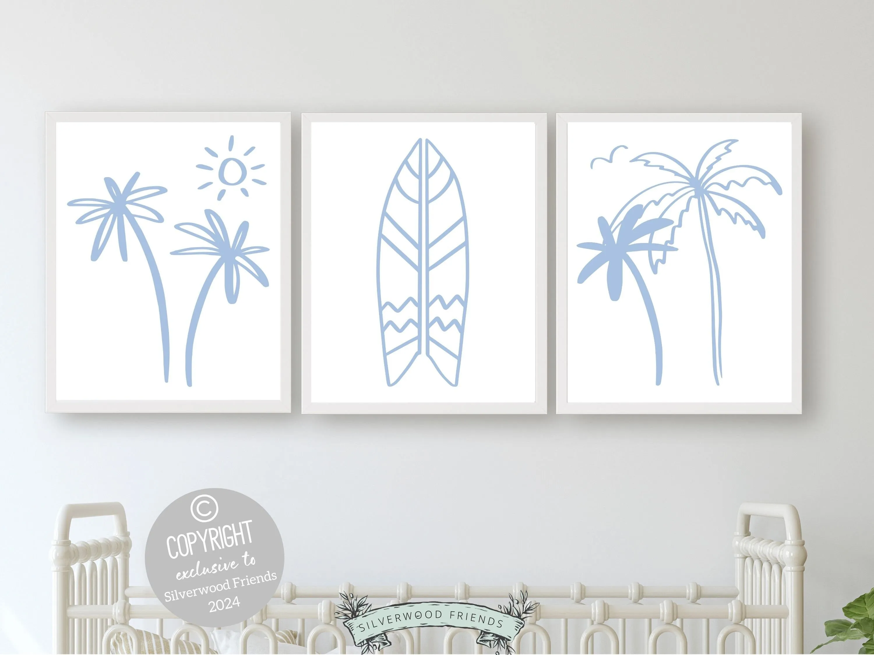 Blue Surfboard Palm Tree Print - Set of 3