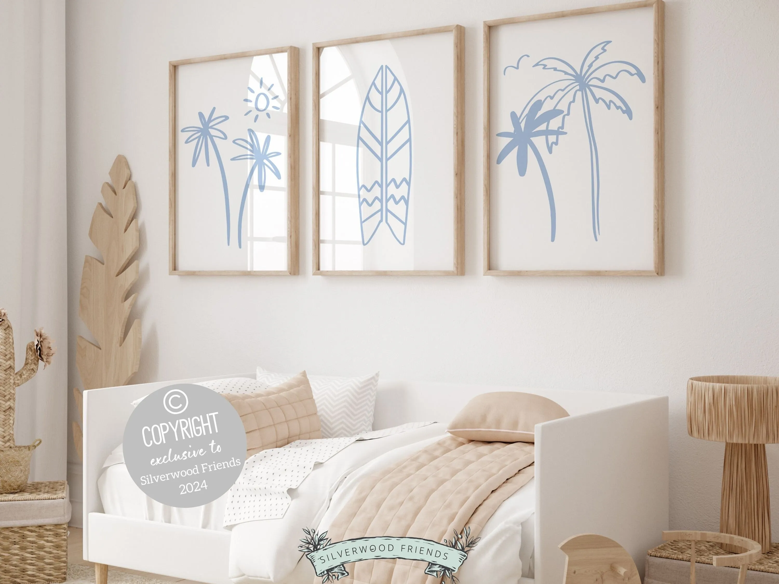 Blue Surfboard Palm Tree Print - Set of 3