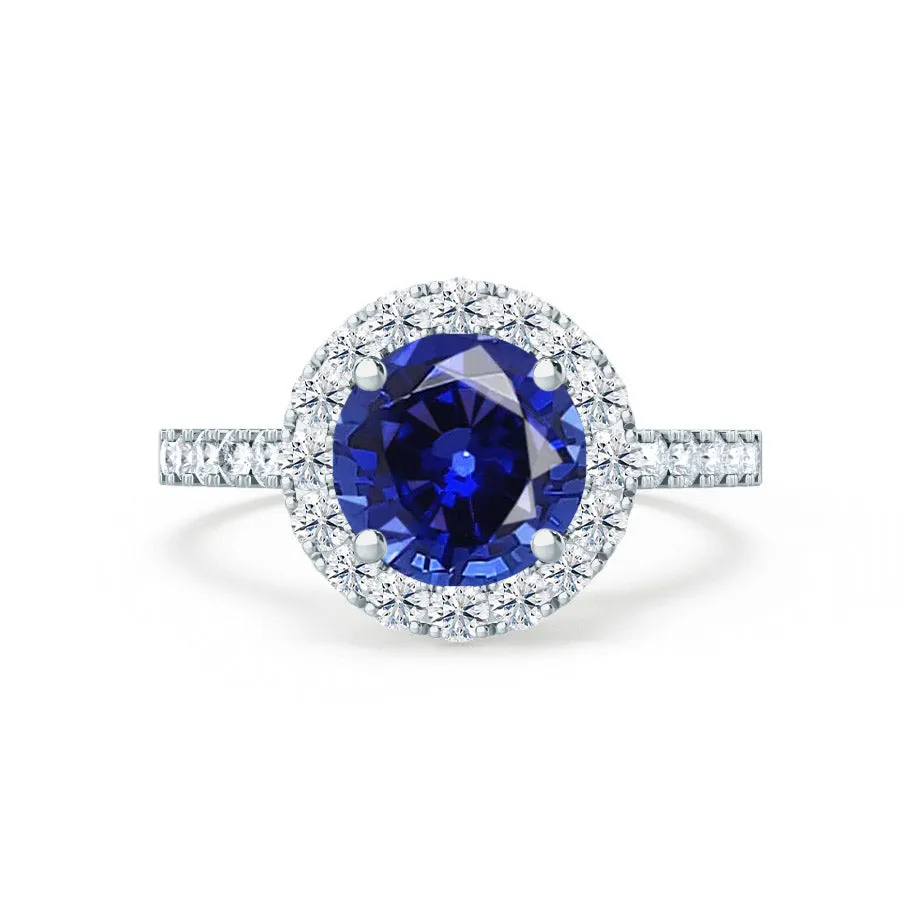 CECILY - Chatham® Lab Grown Blue Sapphire & Diamond 18k White Gold Halo Ring