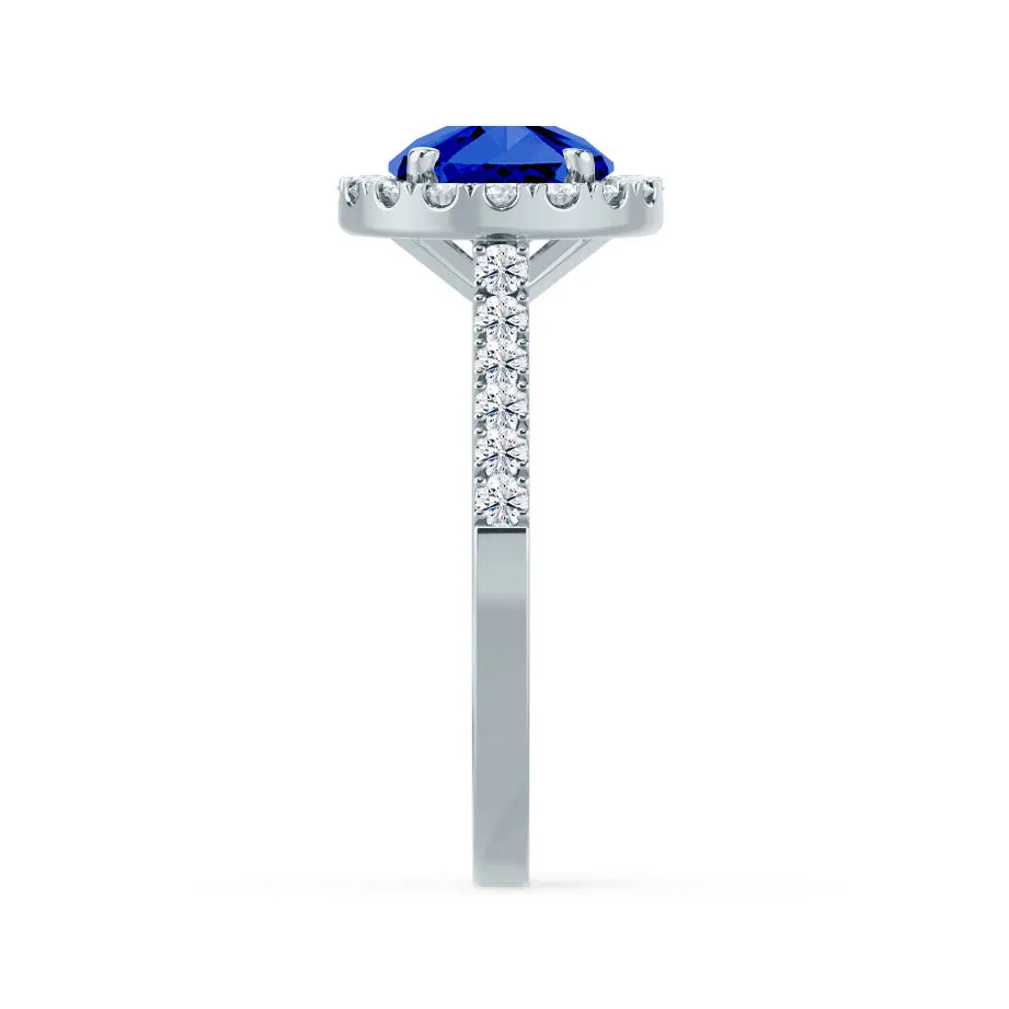 CECILY - Chatham® Lab Grown Blue Sapphire & Diamond 18k White Gold Halo Ring