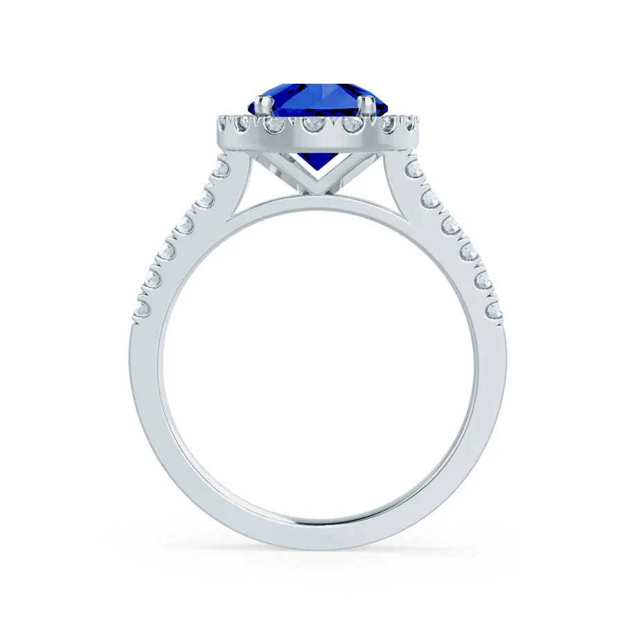 CECILY - Chatham® Lab Grown Blue Sapphire & Diamond 18k White Gold Halo Ring