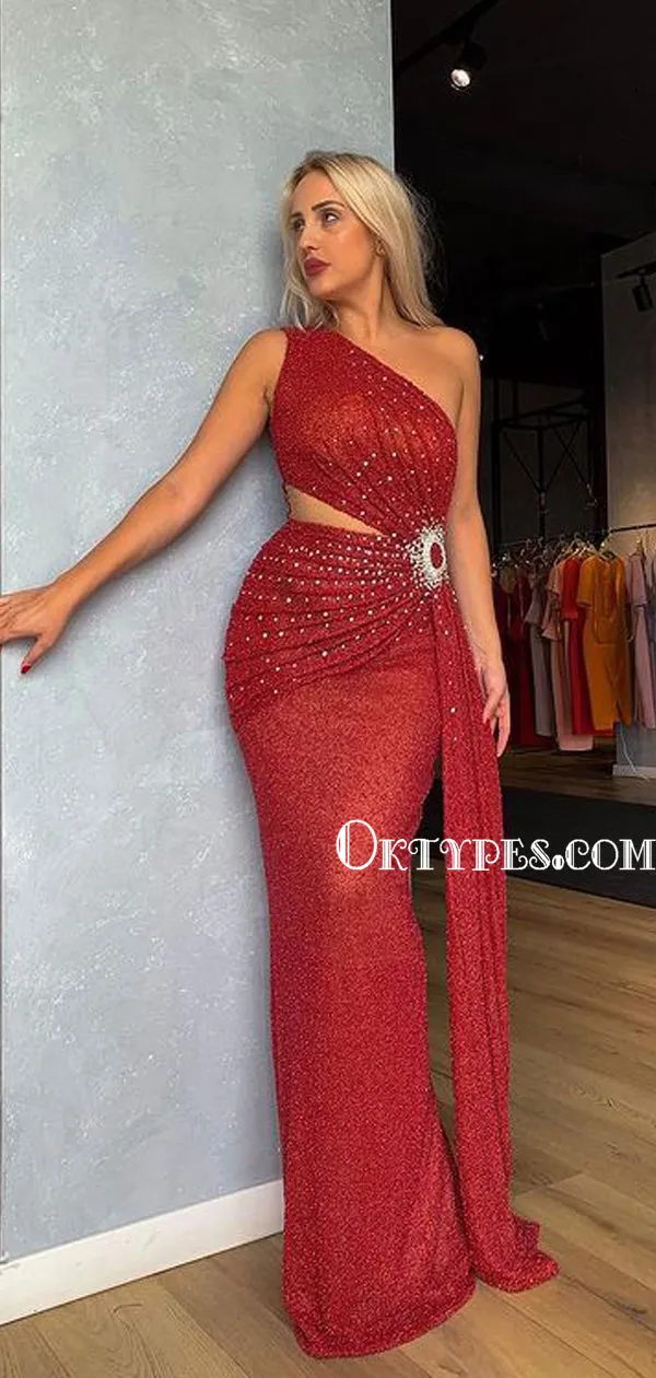 Charming One-shoulder Red Mermaid Long Prom Dresses Online, PDS0218