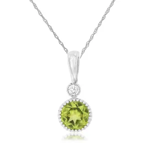 Green Beaded Bezel Set Round Peridot and Diamond Pendant Necklace in White Gold