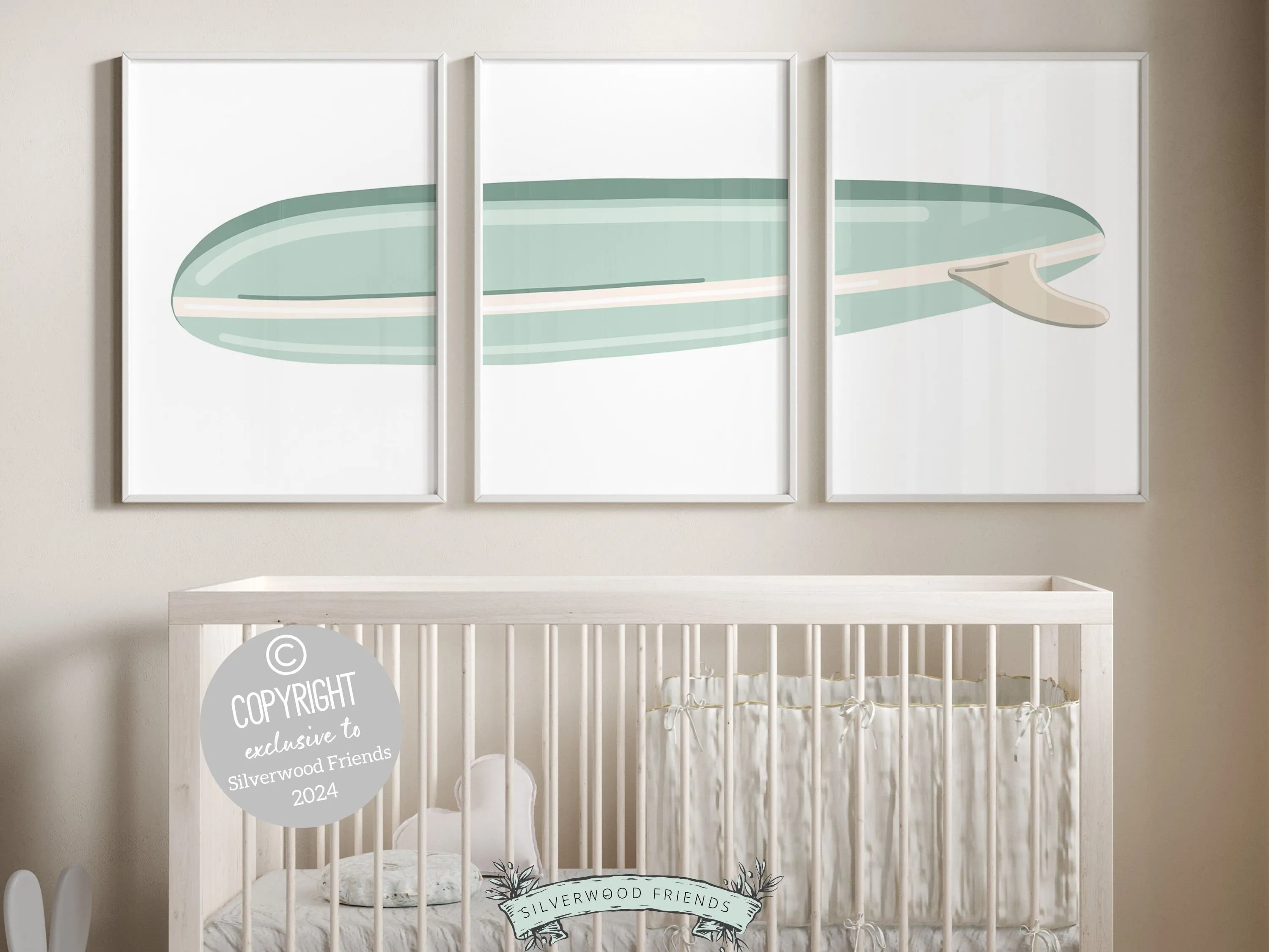 Green Surfboard Nursery Print Set