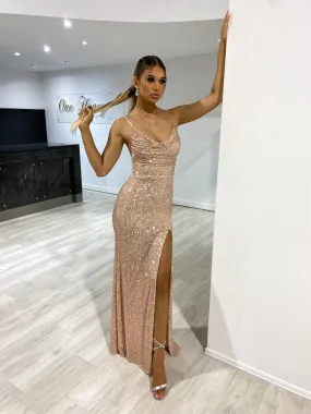 Honey Couture CELESTE Rose Gold Diamante Strap Sequin Lace Up Formal Dress (RED TAG FINAL SALE)