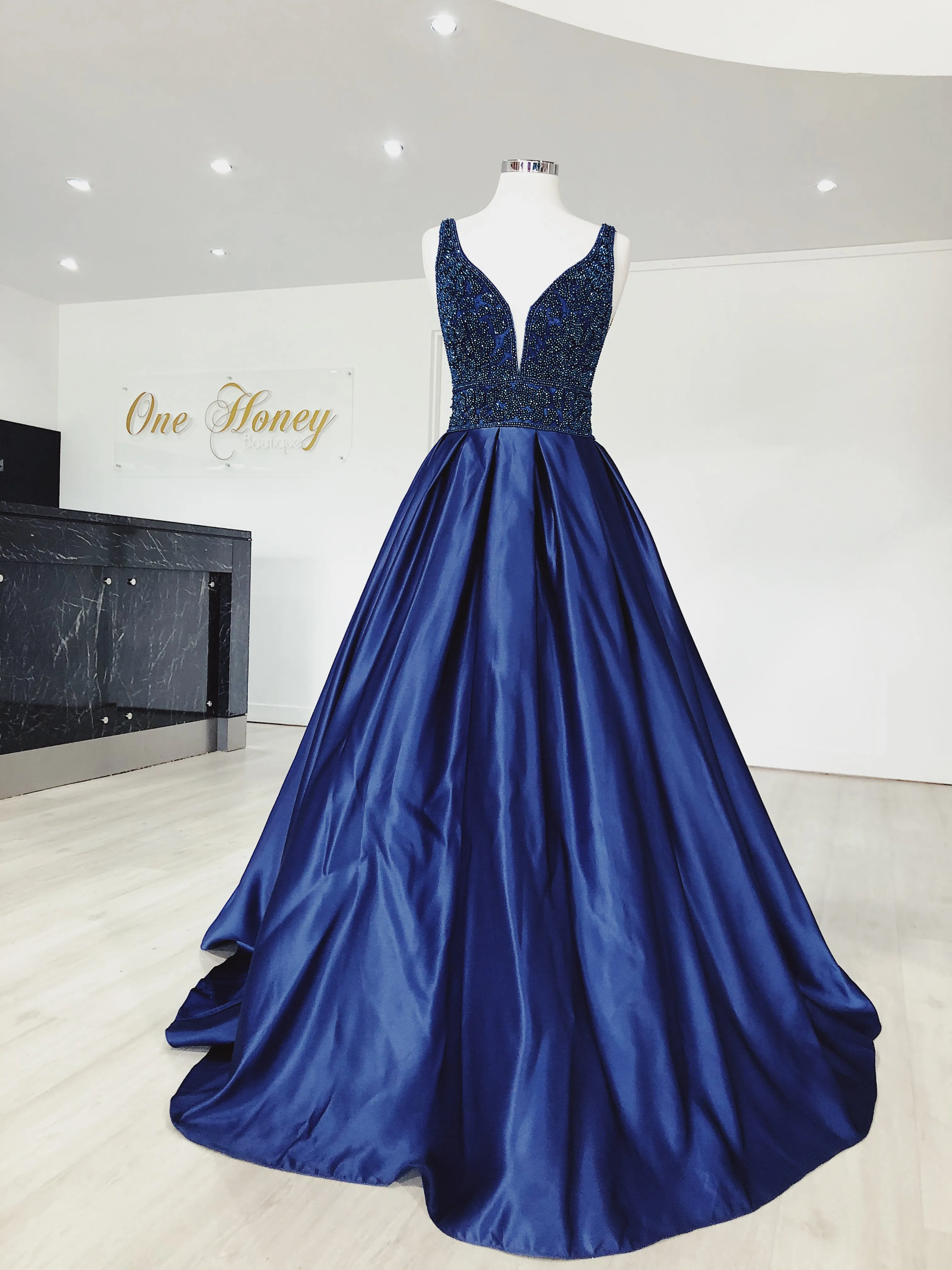 Honey Couture EMELY Royal Blue Beaded Ball Gown Formal Dress