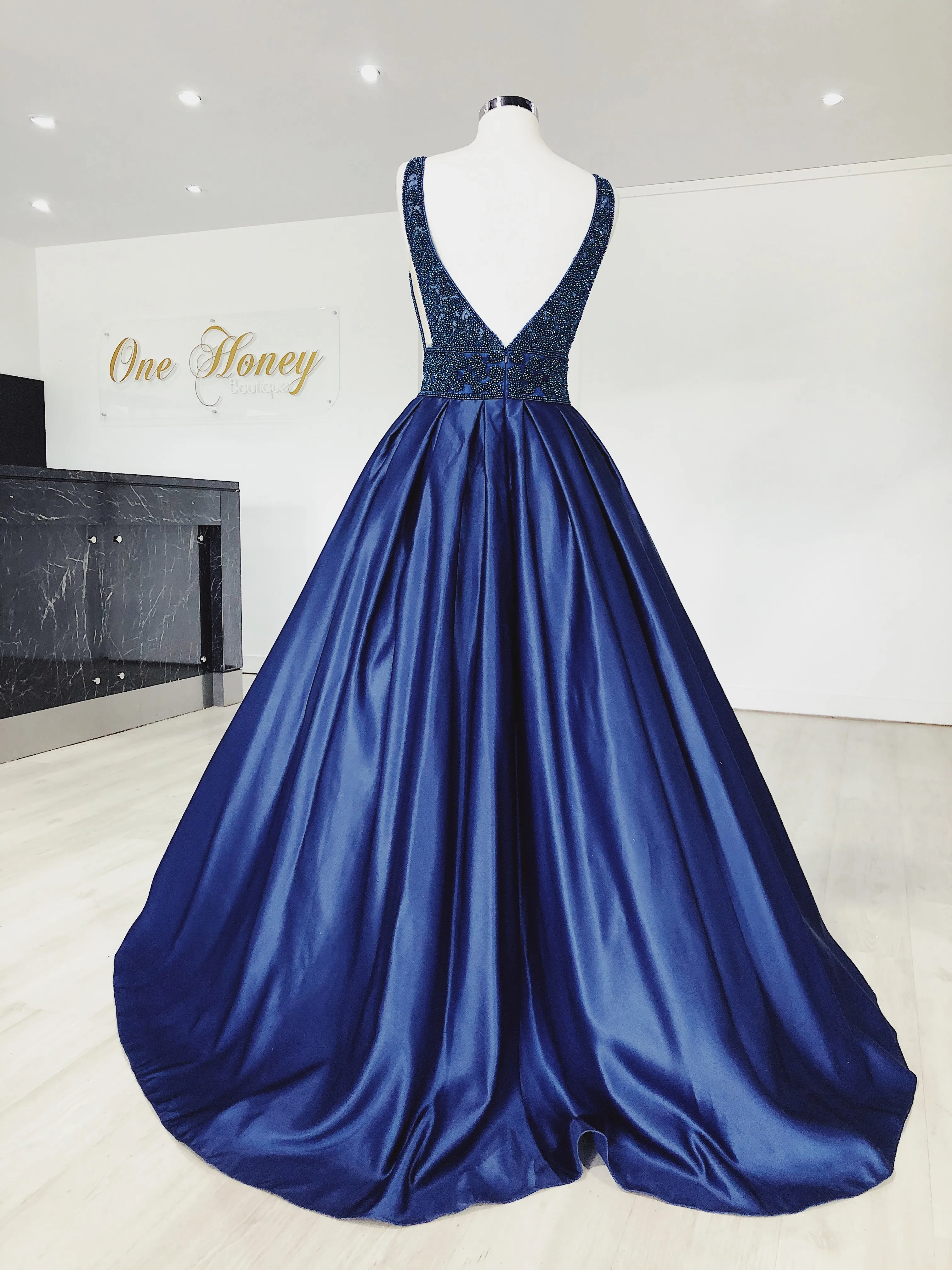 Honey Couture EMELY Royal Blue Beaded Ball Gown Formal Dress