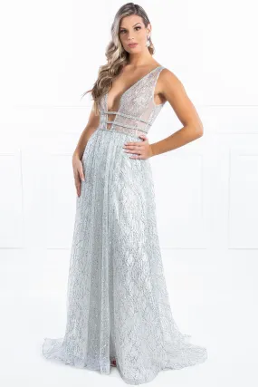 Honey Couture ENYA White & Silver Glitter Formal Gown