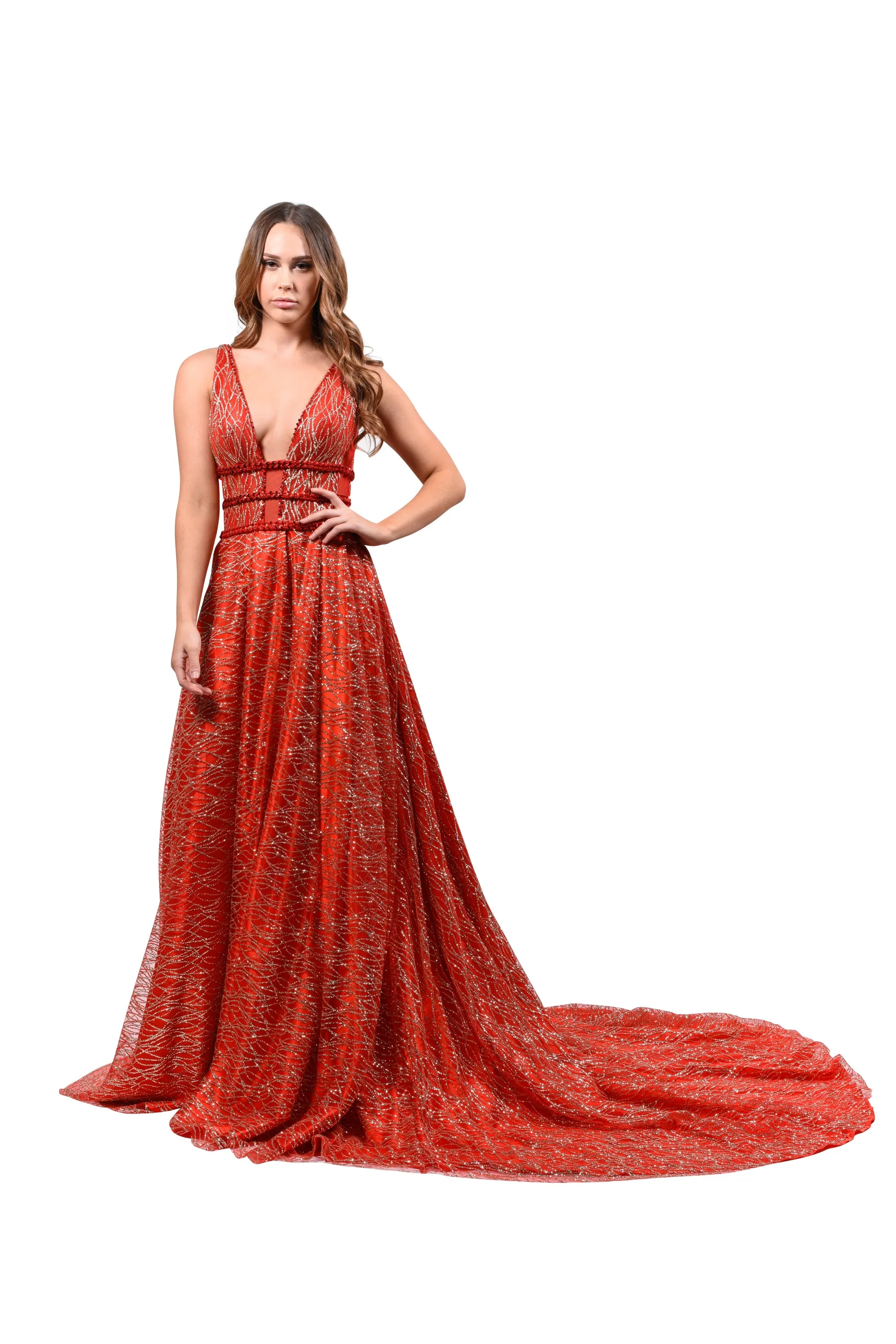 Honey Couture GLORIA Red Gold Glitter Infused Formal Ball Gown