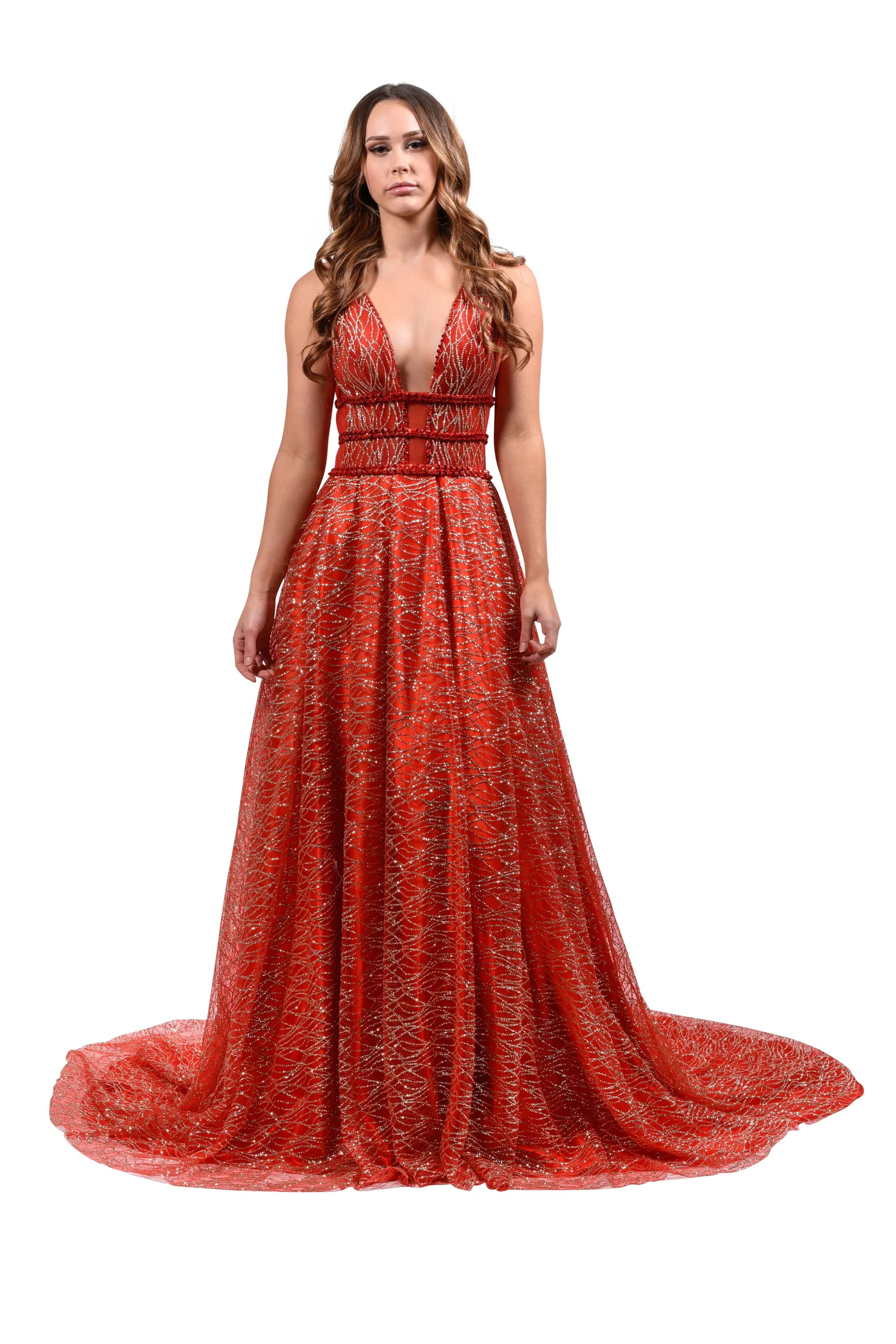 Honey Couture GLORIA Red Gold Glitter Infused Formal Ball Gown