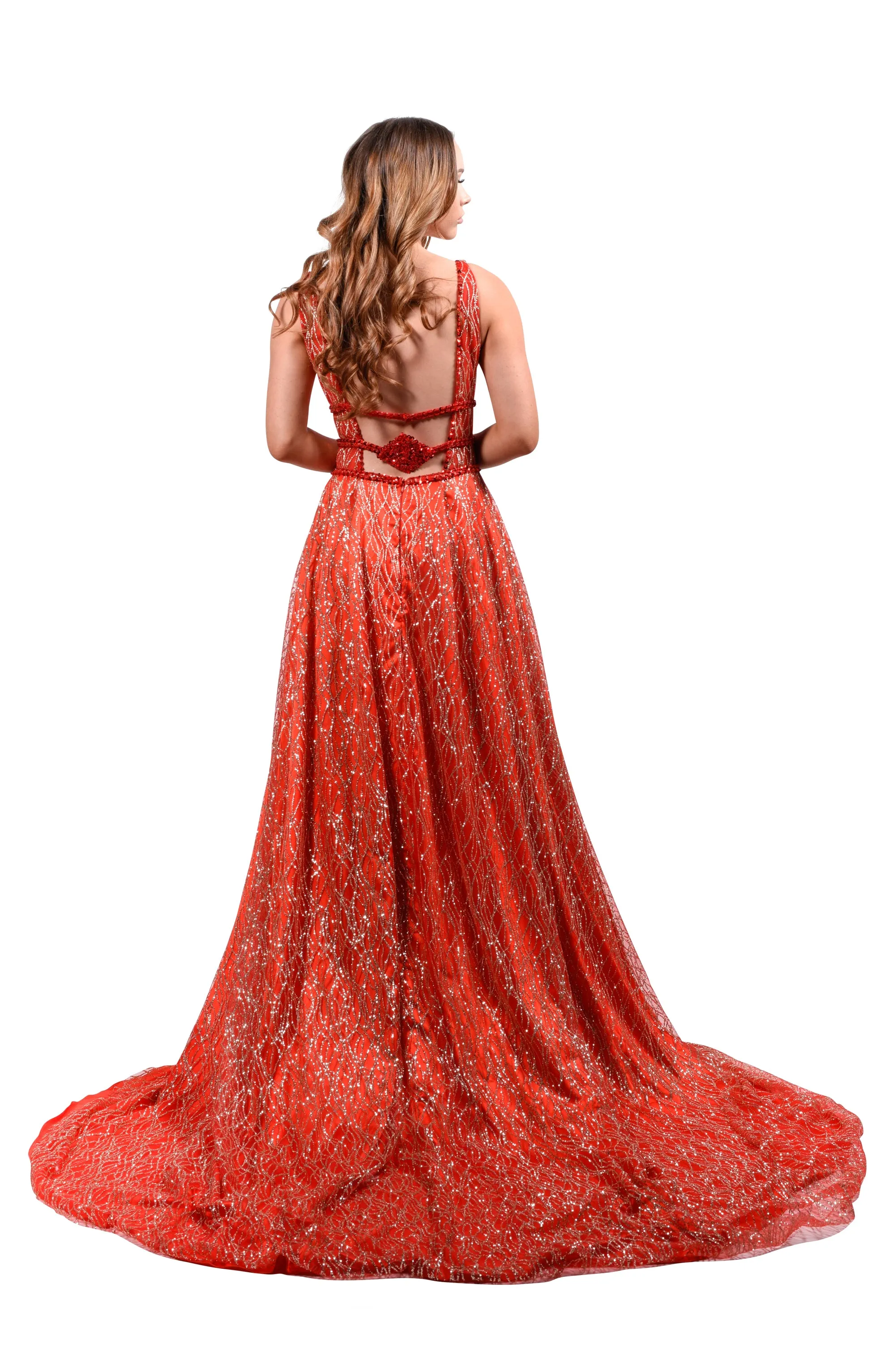 Honey Couture GLORIA Red Gold Glitter Infused Formal Ball Gown