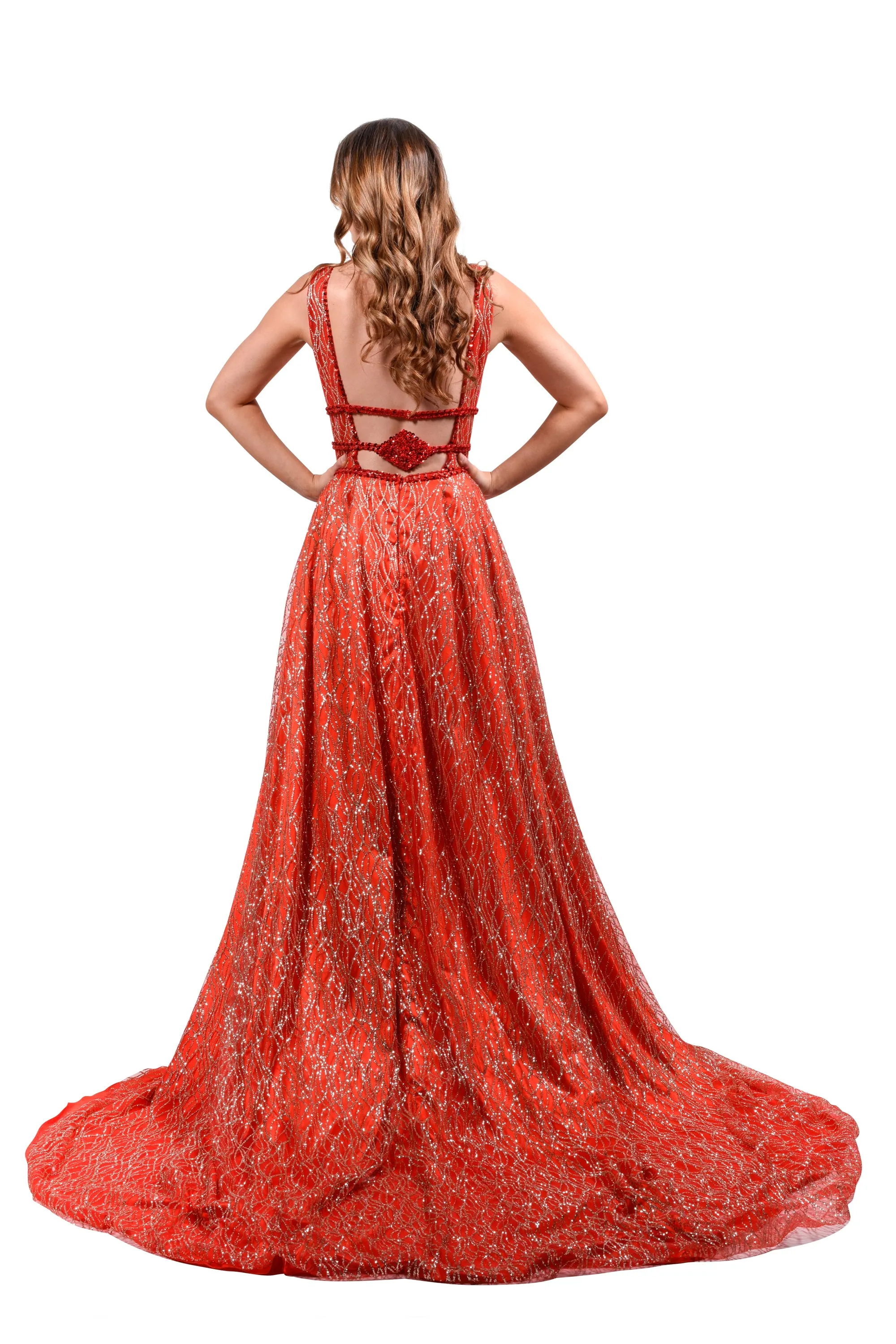 Honey Couture GLORIA Red Gold Glitter Infused Formal Ball Gown