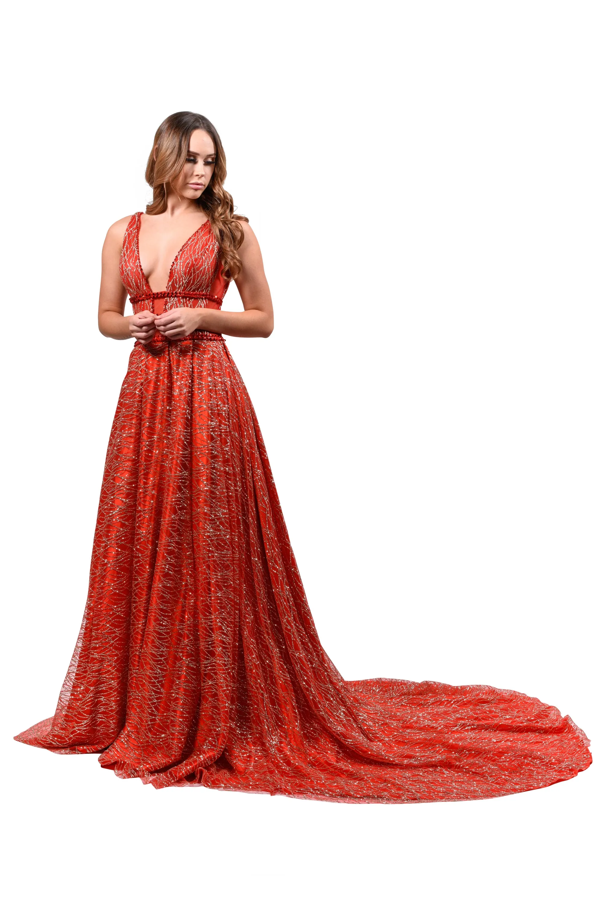 Honey Couture GLORIA Red Gold Glitter Infused Formal Ball Gown