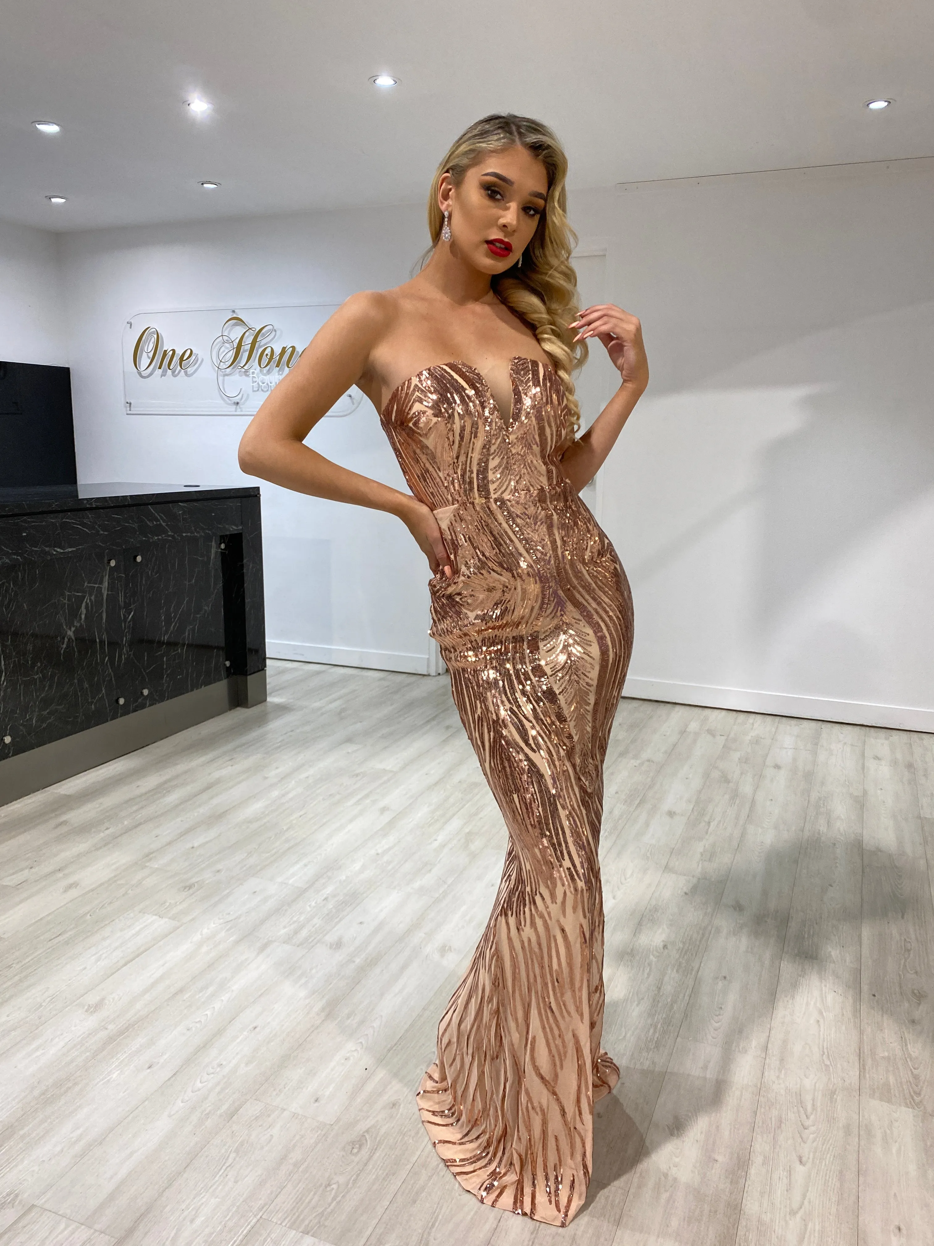 Honey Couture GWEN Gold Sequin Strapless Formal Dress