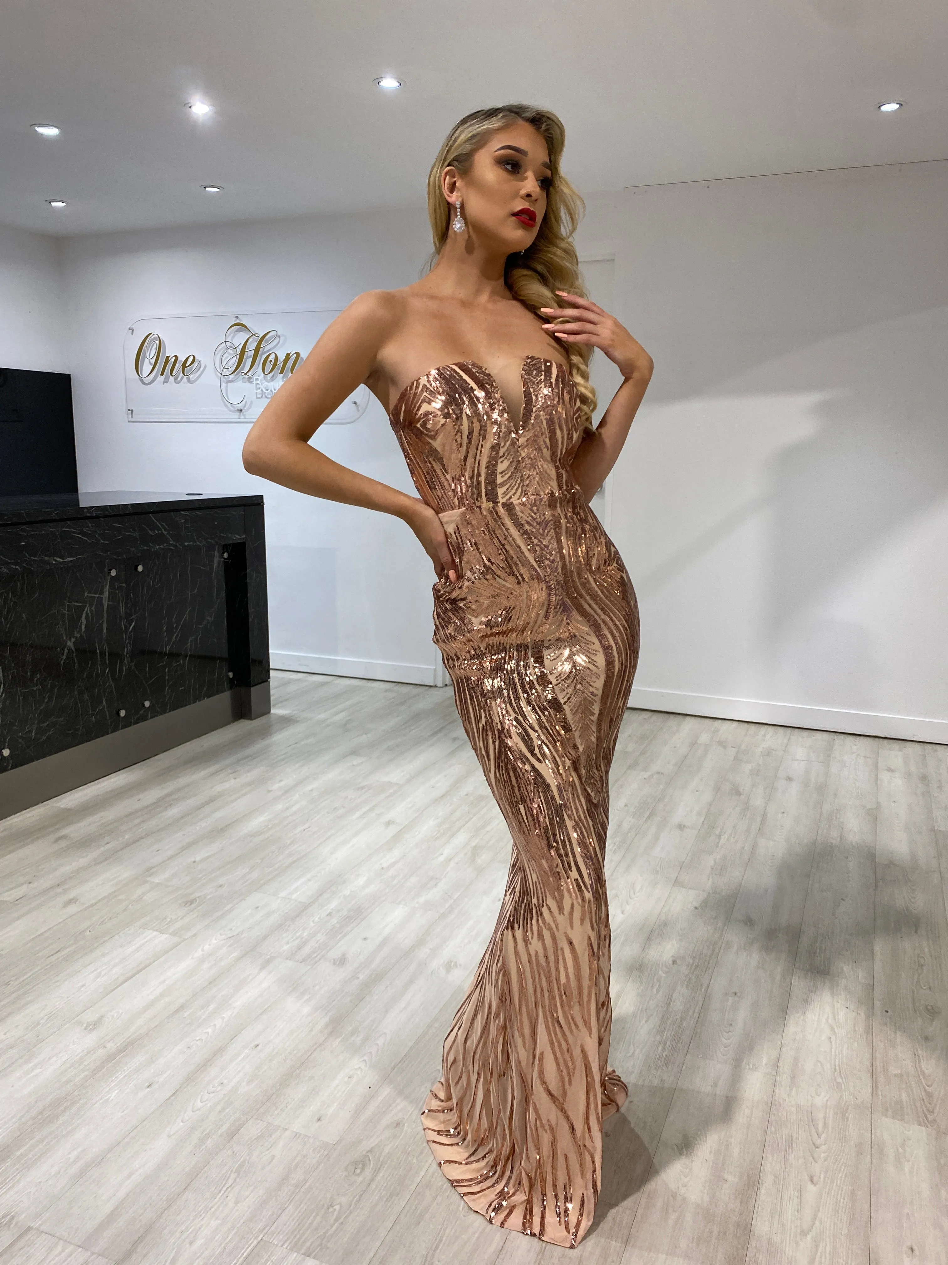 Honey Couture GWEN Gold Sequin Strapless Formal Dress