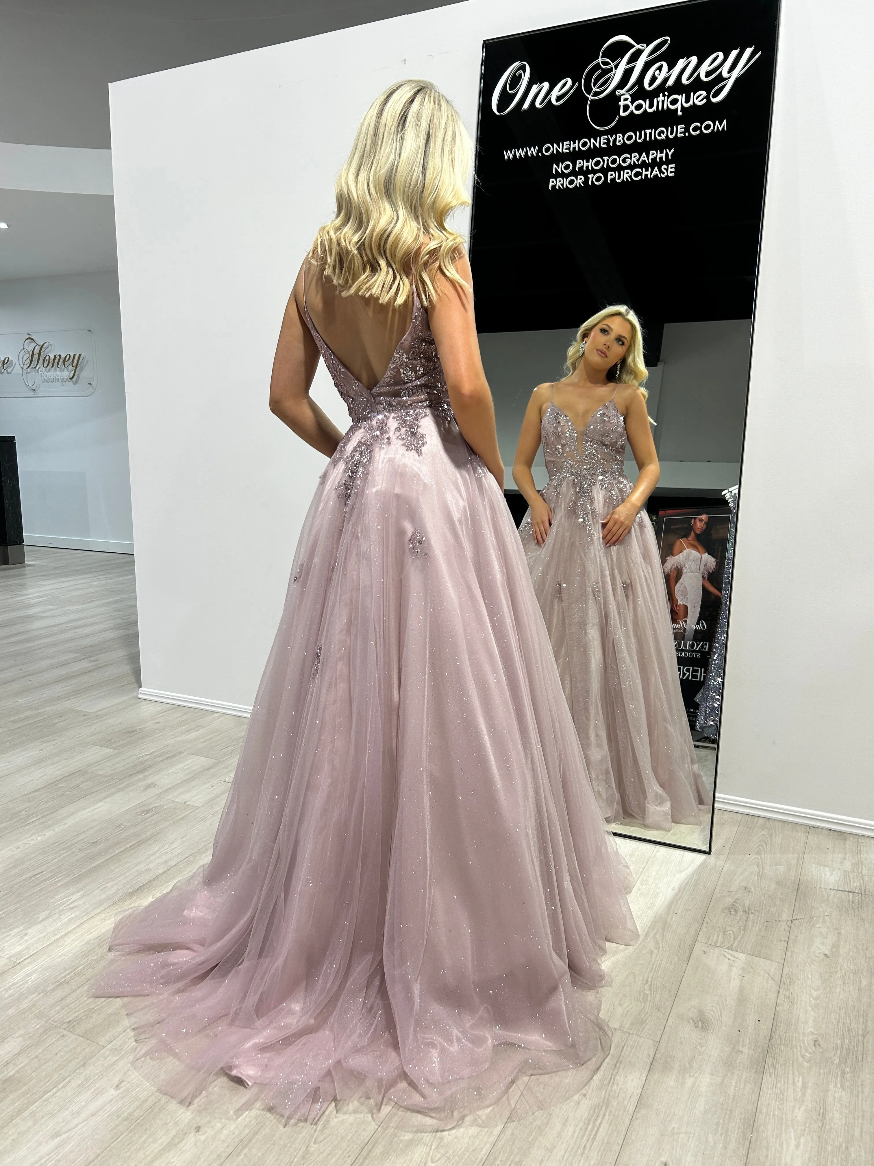 Honey Couture IRENA Dusty Rose Tulle Glitter A Line Formal Dress