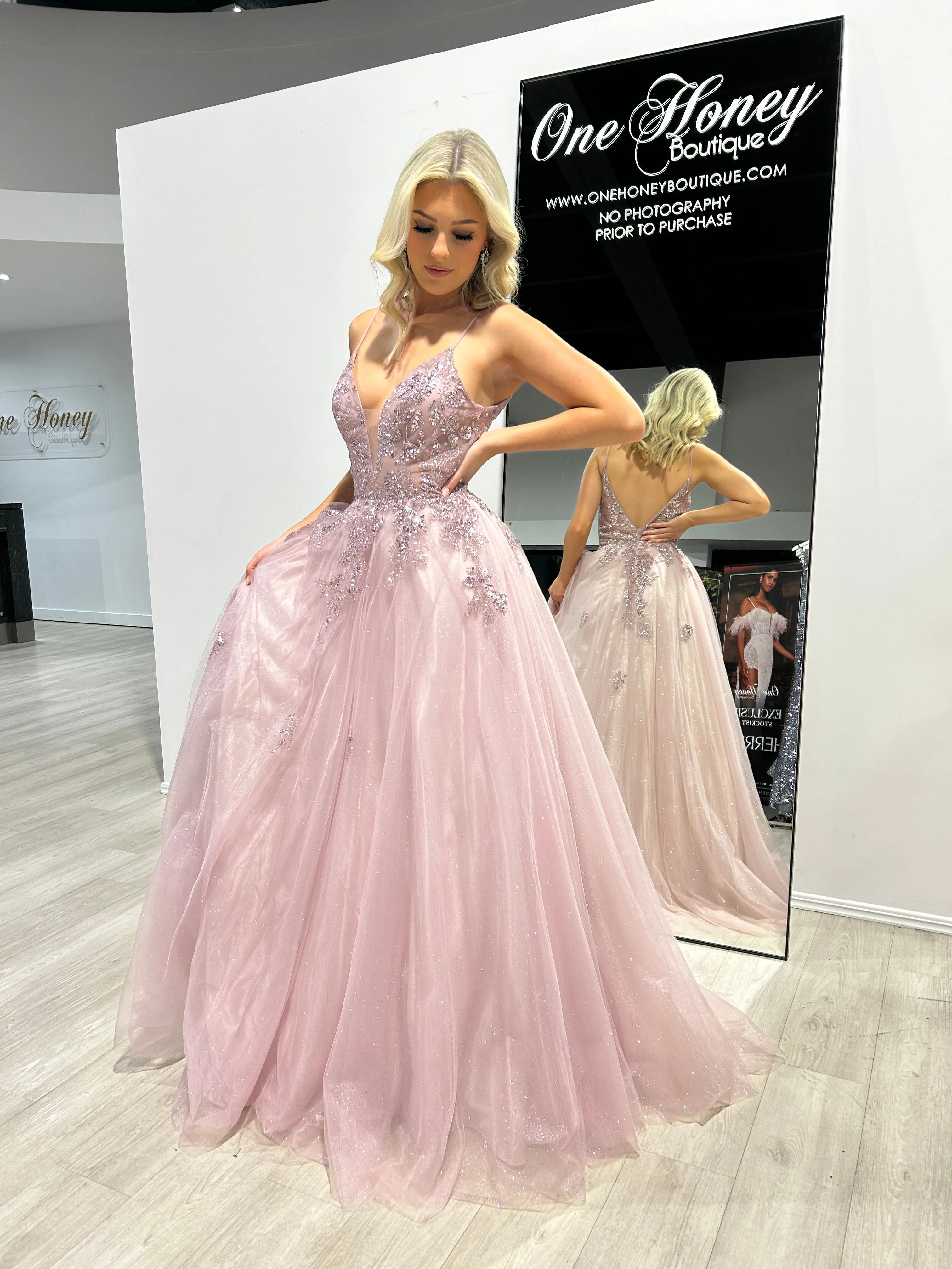 Honey Couture IRENA Dusty Rose Tulle Glitter A Line Formal Dress