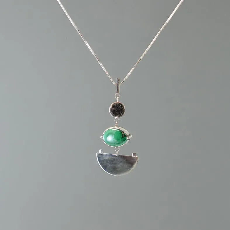 MALACHITE , DRUZY AND SILVER PENDANT NECKLACE