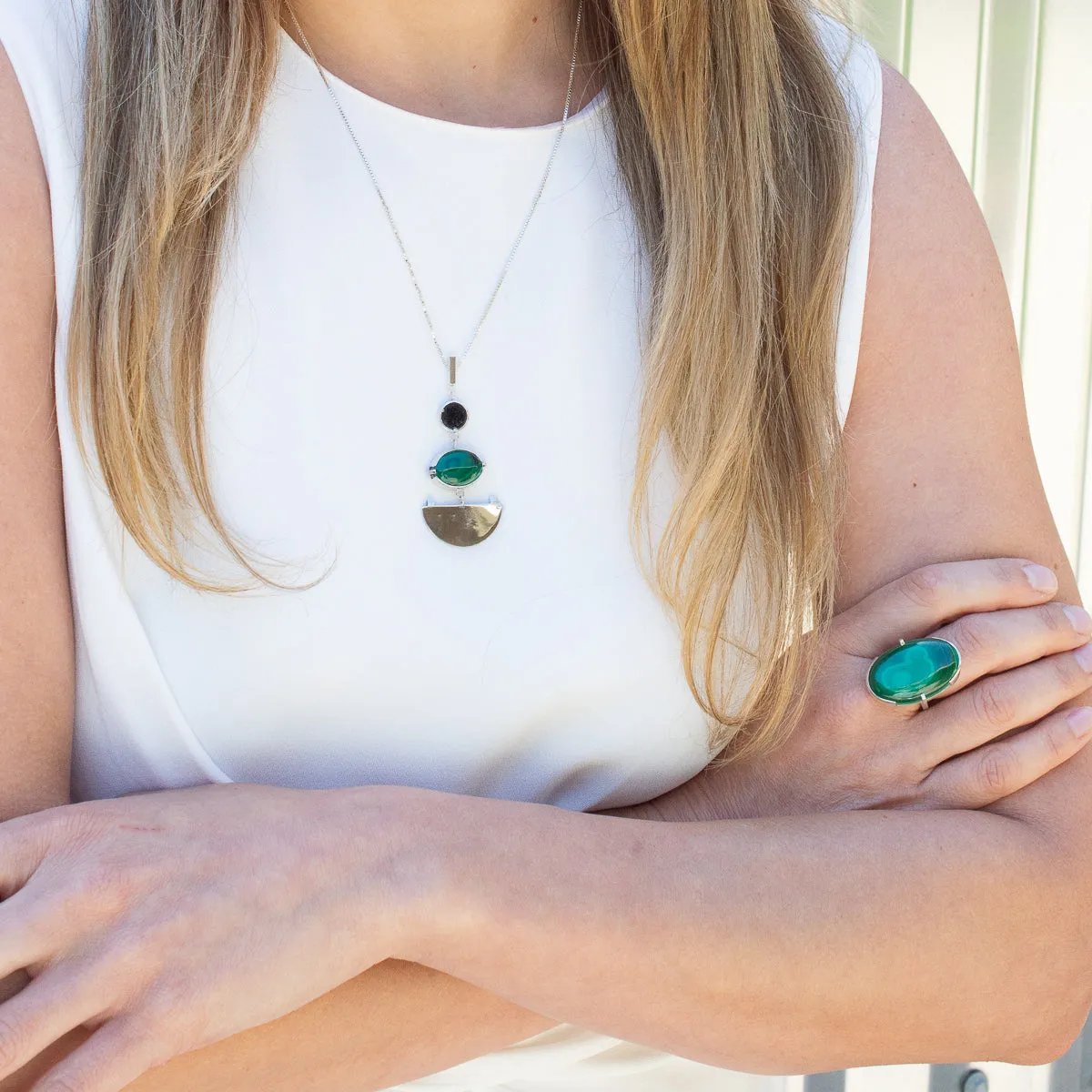 MALACHITE , DRUZY AND SILVER PENDANT NECKLACE