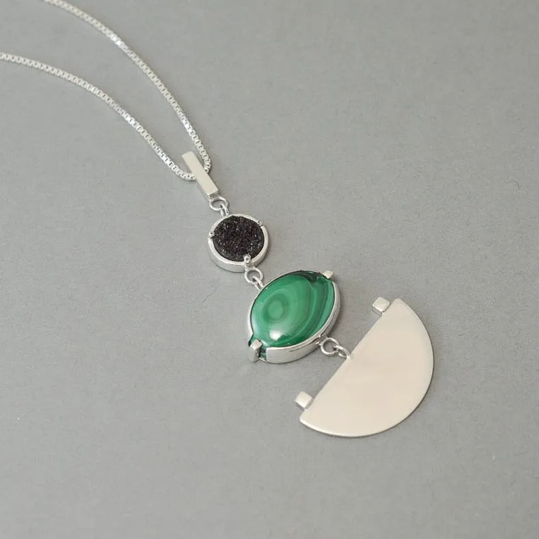 MALACHITE , DRUZY AND SILVER PENDANT NECKLACE