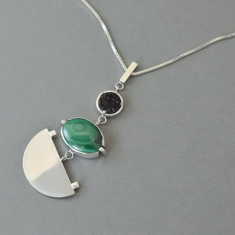 MALACHITE , DRUZY AND SILVER PENDANT NECKLACE