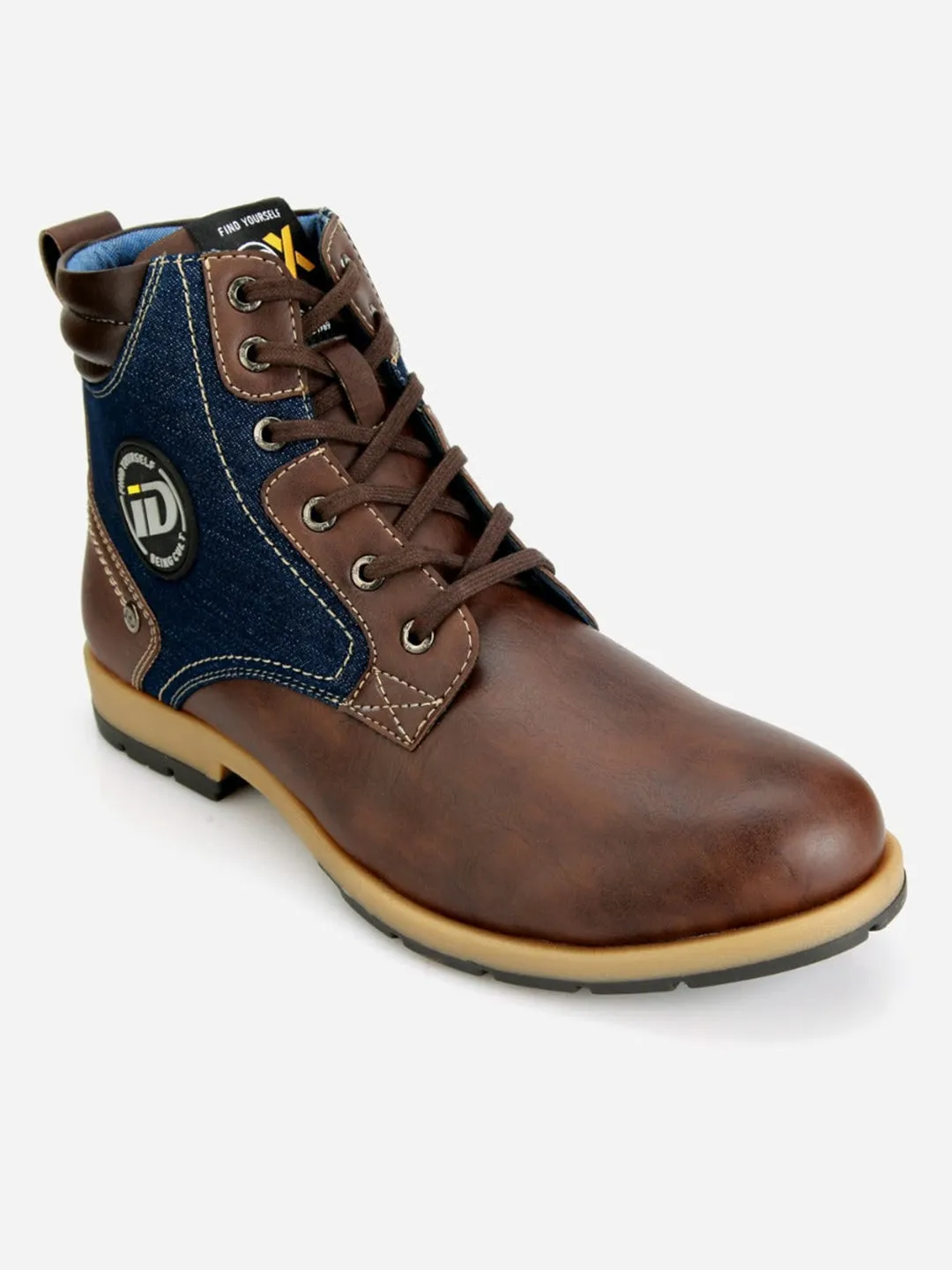 Men's Brown Leather Blue Denim Boot (IX1038)