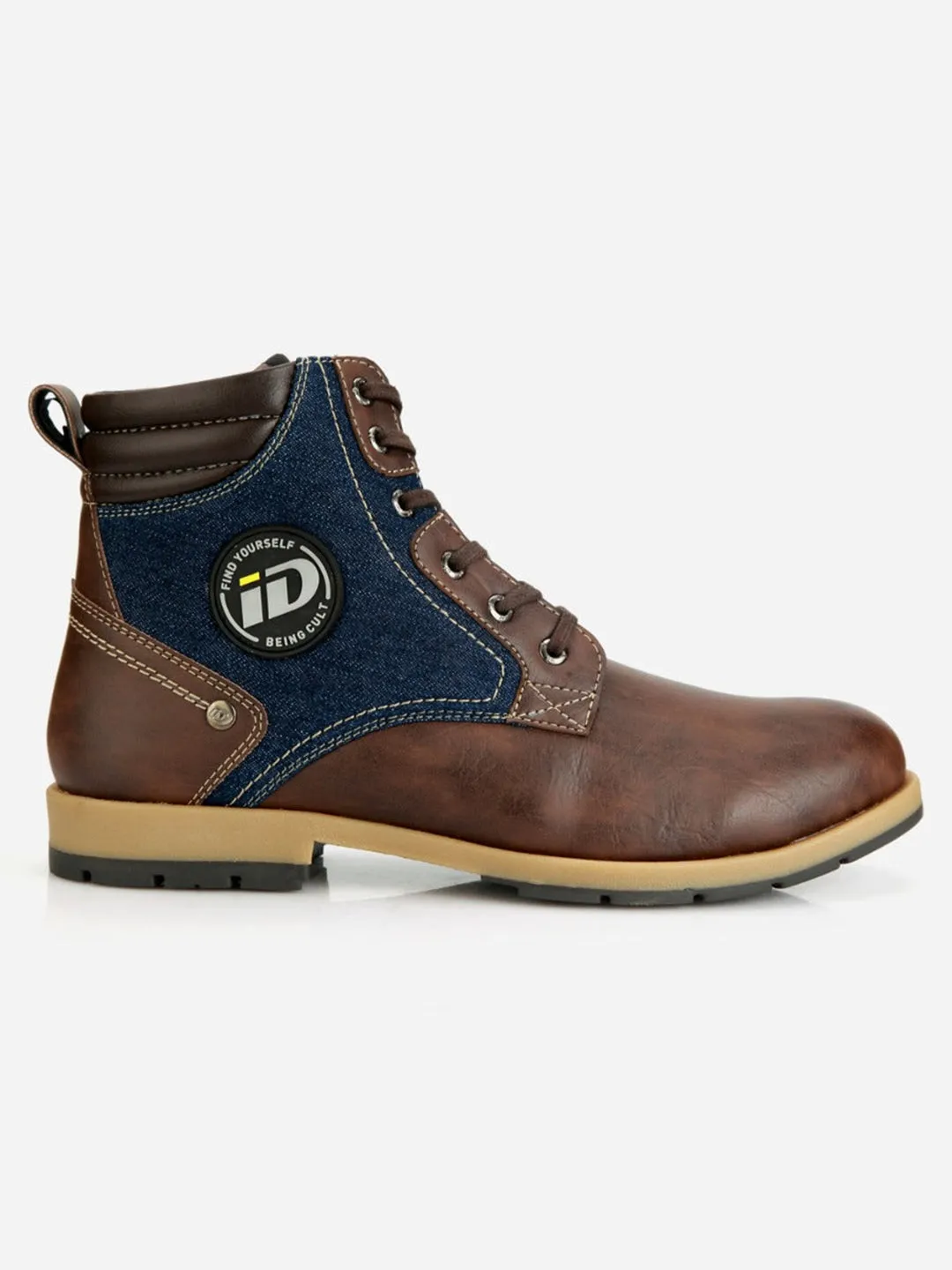 Men's Brown Leather Blue Denim Boot (IX1038)