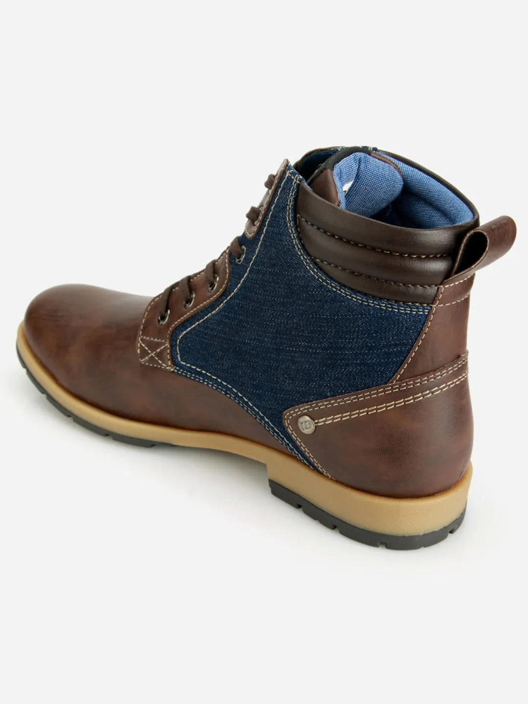 Men's Brown Leather Blue Denim Boot (IX1038)