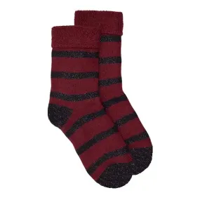 Slipper Sock Glitter Stripe Wool Mix  - Dark Red/Black