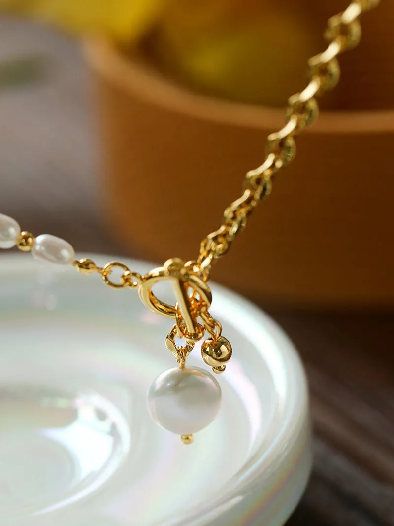 Spliced Chain Pearl Y Gold Necklace