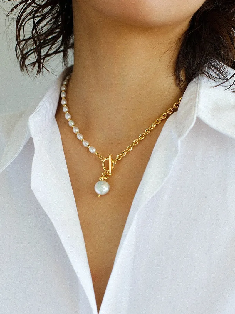 Spliced Chain Pearl Y Gold Necklace