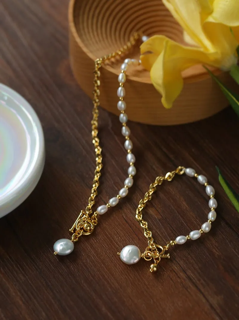 Spliced Chain Pearl Y Gold Necklace