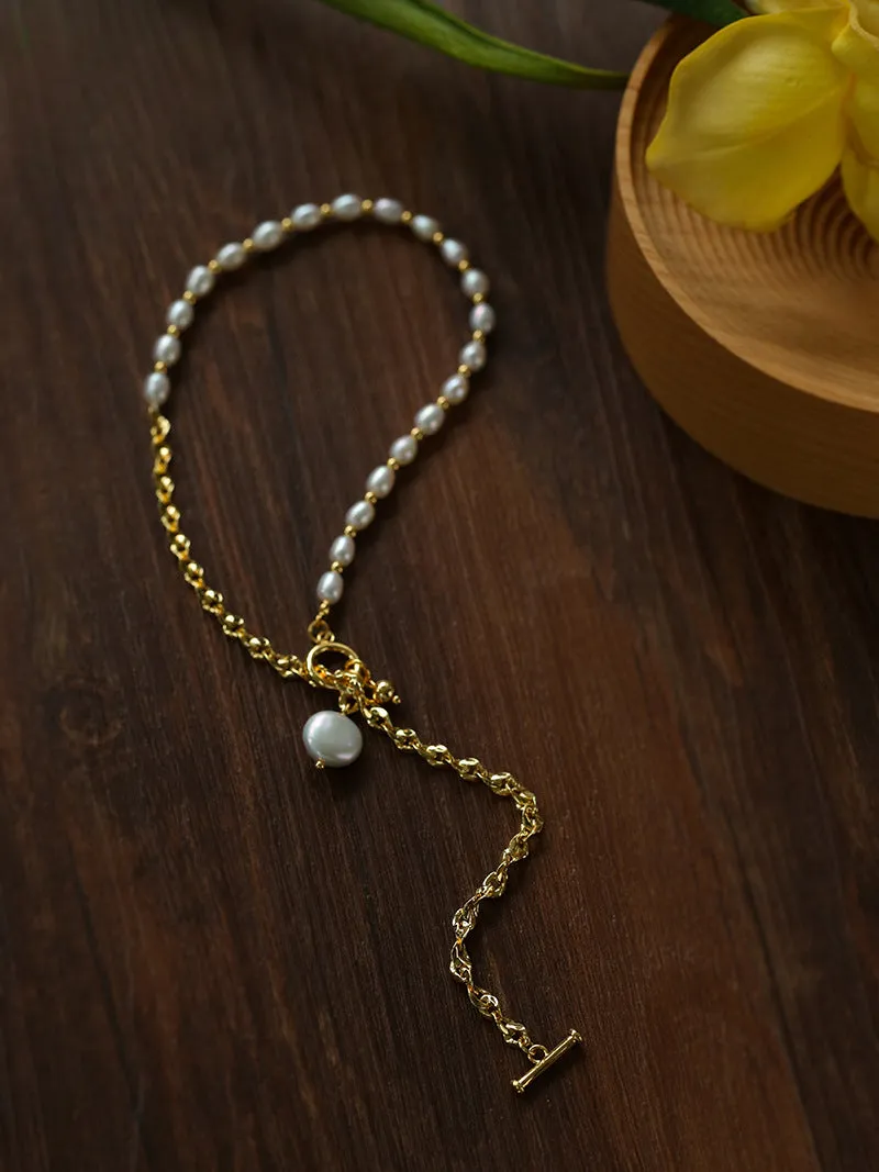 Spliced Chain Pearl Y Gold Necklace