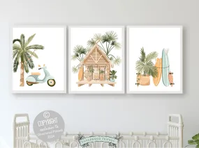 Surfboard Palm Tree Prints - Set of 3